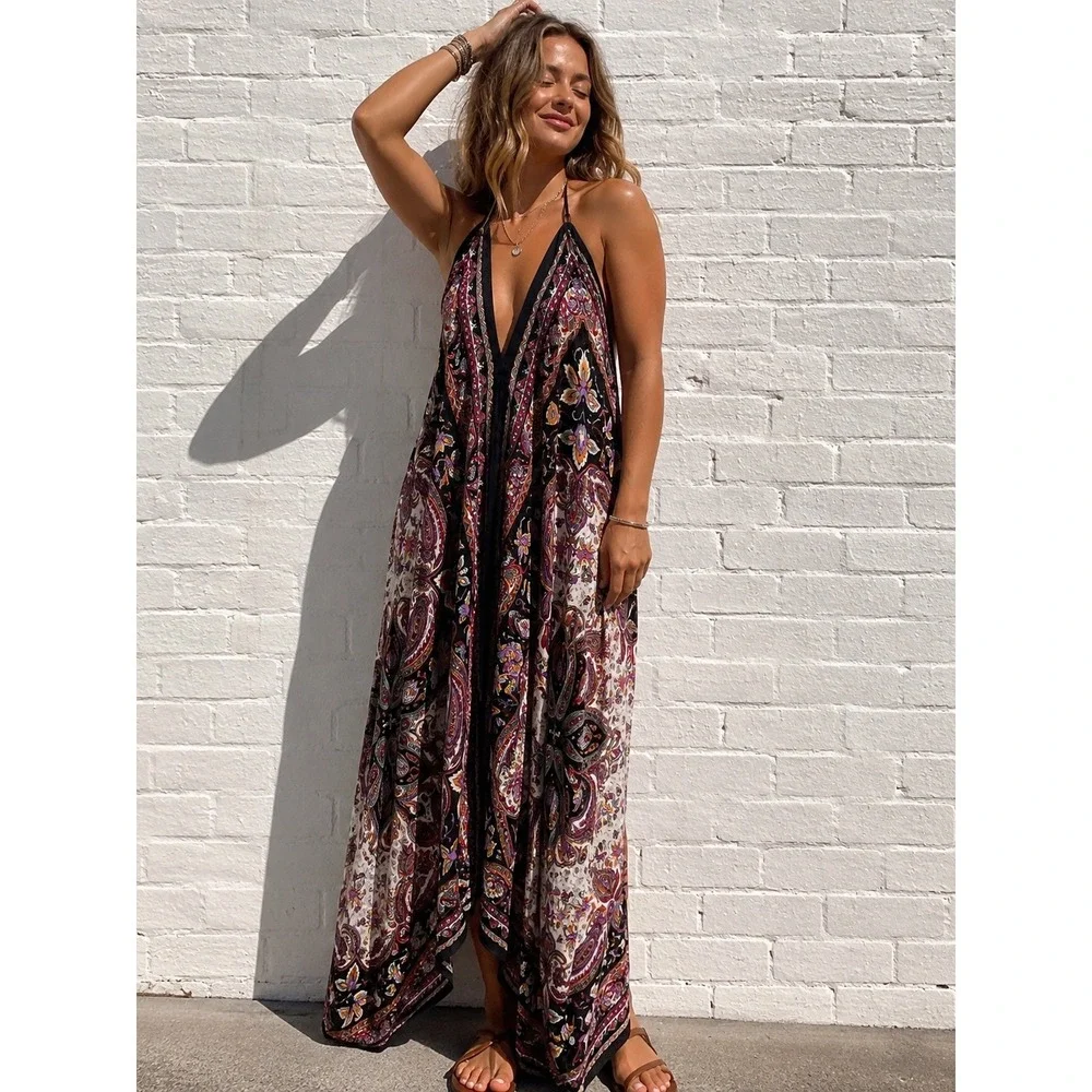 boho paisley halter dress Green Paisley Print Halter Maxi Dress Boho Summer Dress